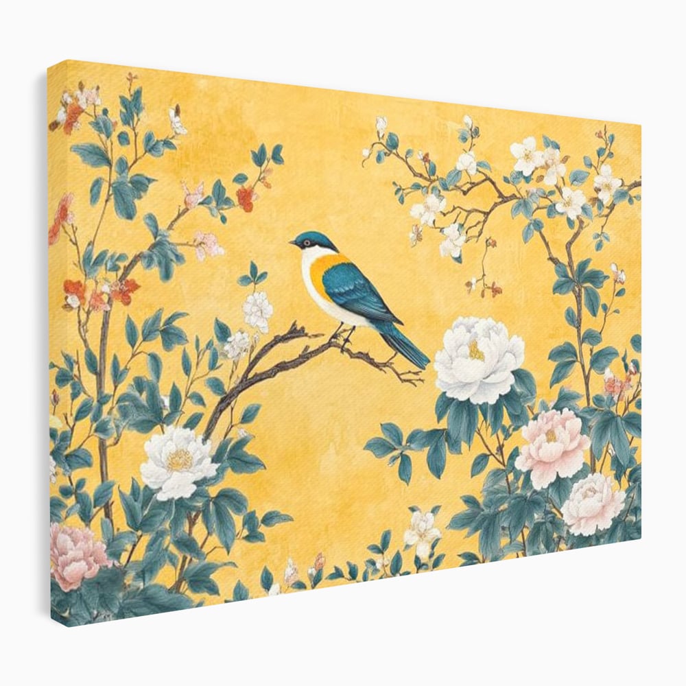 Tablou canvas cu tablou canvas cu pasare pe creanga si bujori, fara rama, pe sasiu de lemn